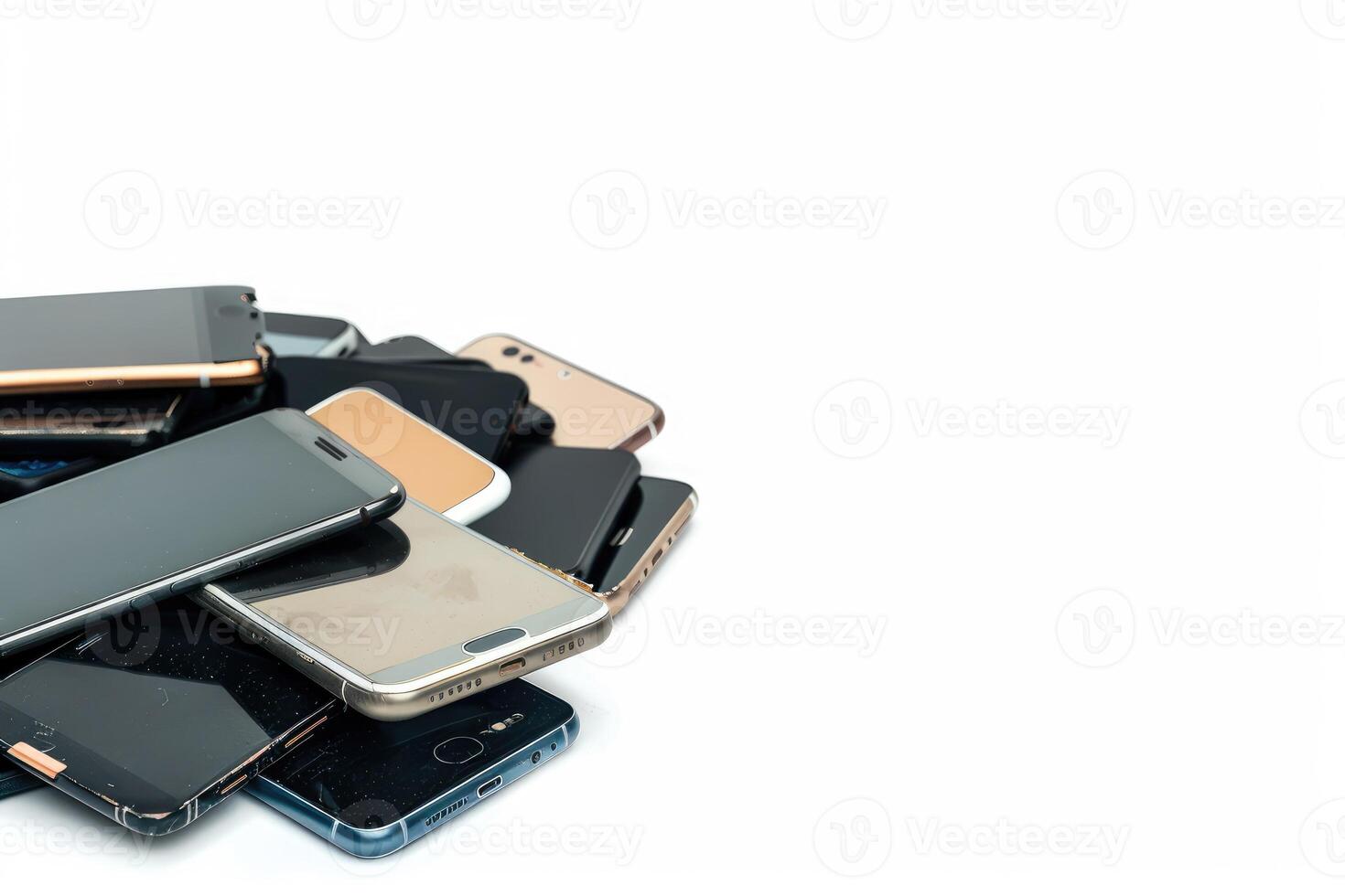 AI generated Pile of old mobile phone. Heap of the different smartphones isolated on white background. photo