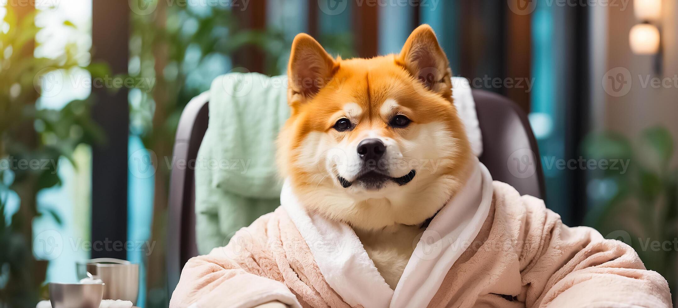 ai generado hermosa perro en un bata de baño en un spa salón descansando foto