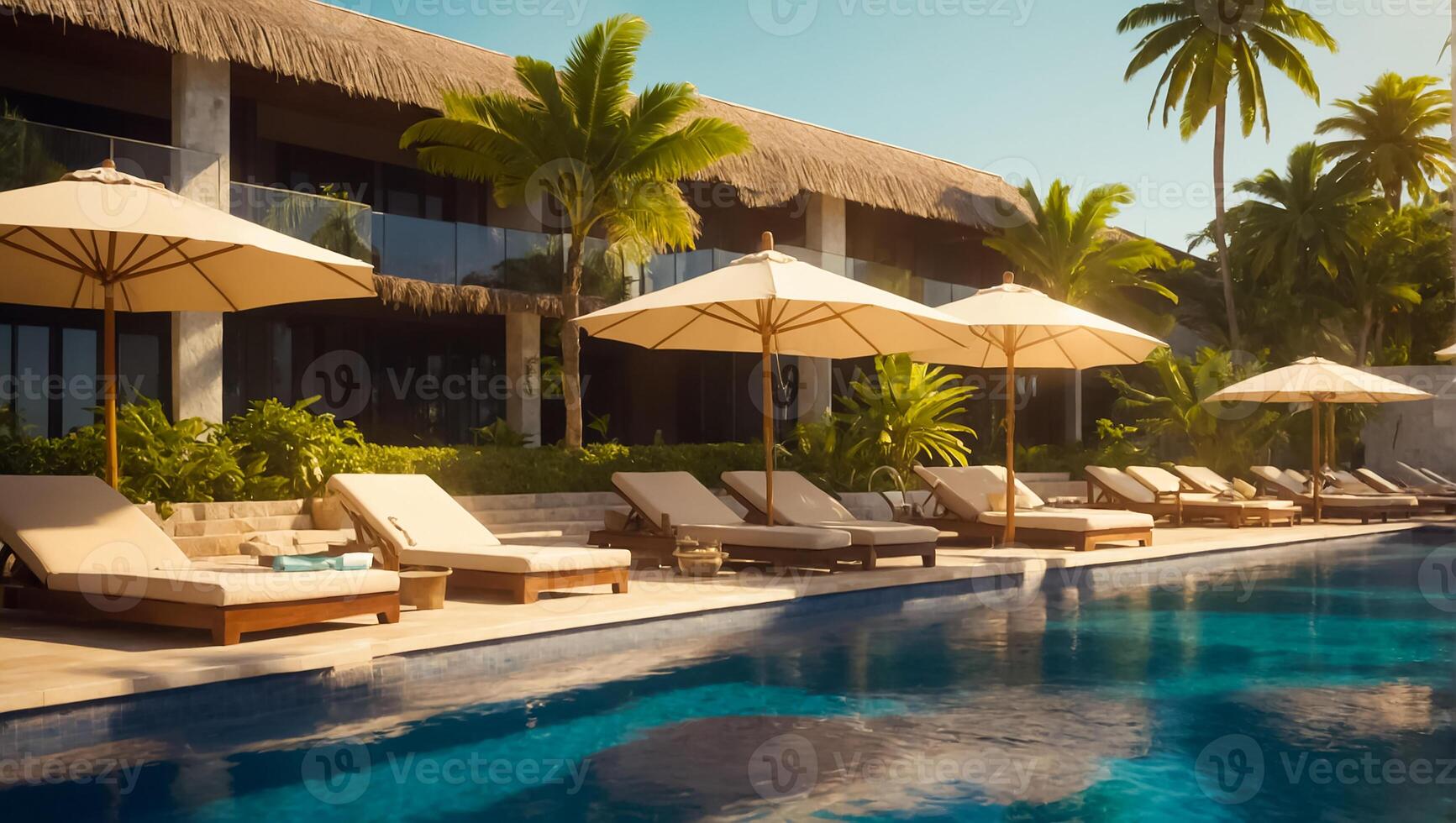 AI generated sun lounger with umbrella by the pool, hotel photo