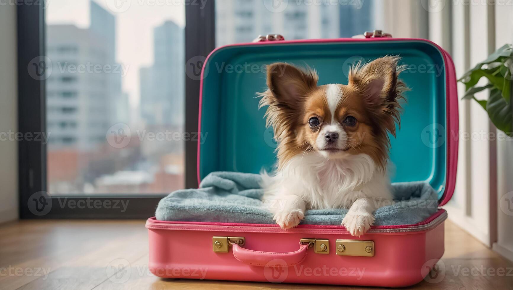 AI generated Cute dog with a suitcase in the apartment photo