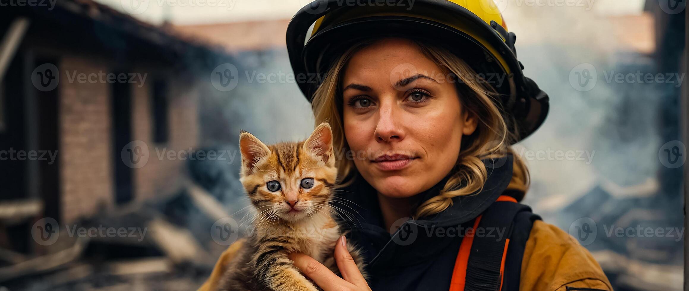 AI generated Portrait of a female firefighter holding a rescued kitten in her arms photo