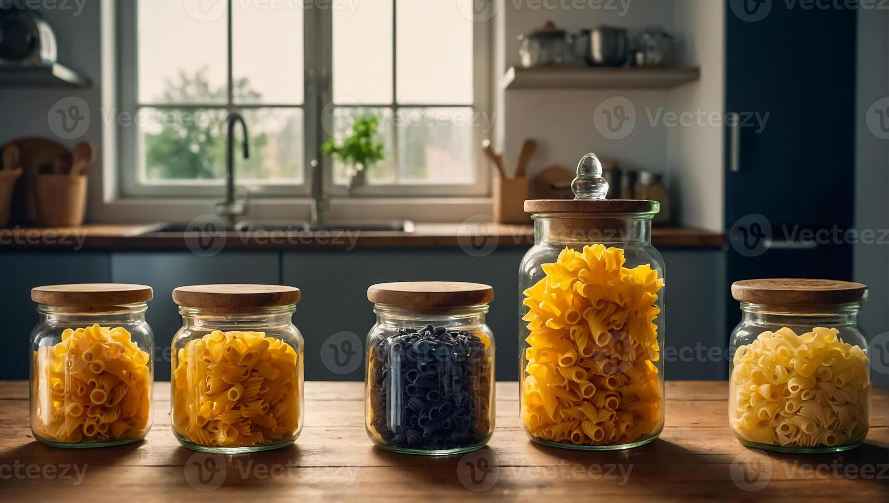 AI generated glass jars with dry assorted pasta in the kitchen photo