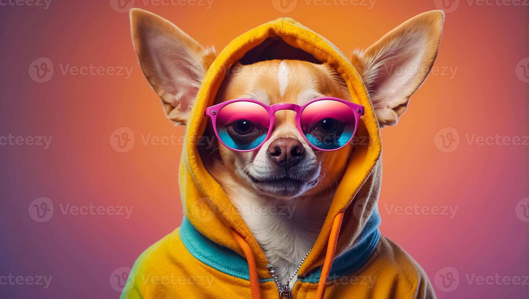 AI generated fashionable dog with sunglasses and hoodie photo