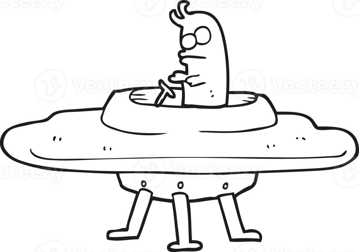 hand drawn black and white cartoon flying saucer png