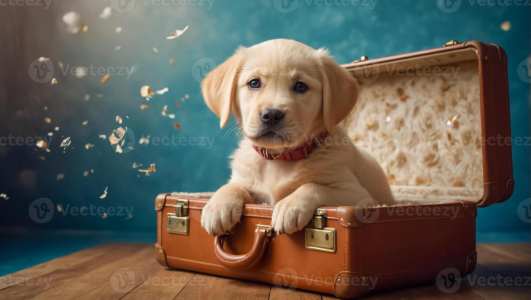 AI generated Cute dog with a suitcase in the apartment photo