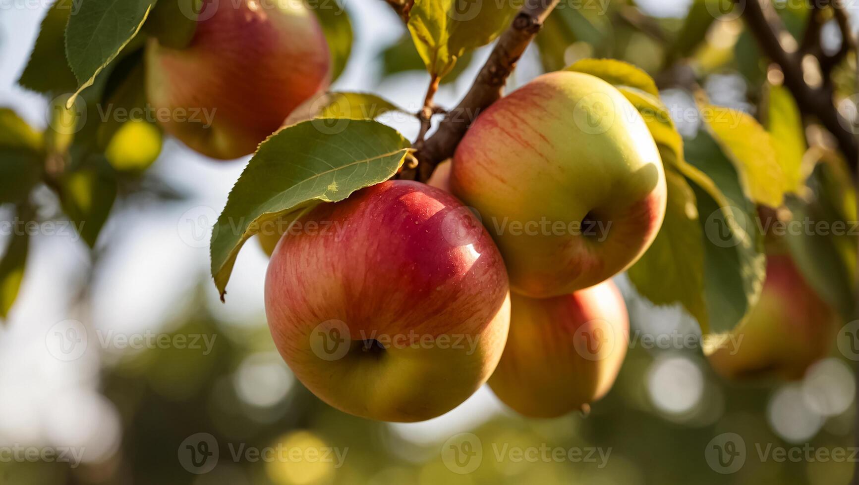 AI generated ripe red apples on a branch in the garden photo