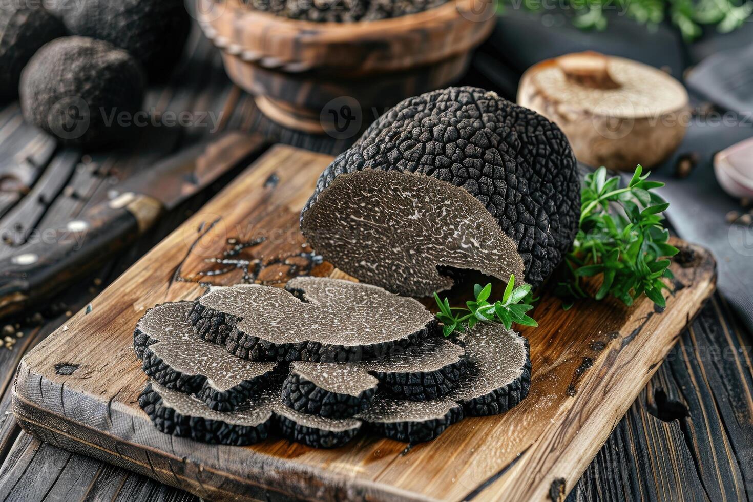AI generated Black truffles on the cutting board. photo