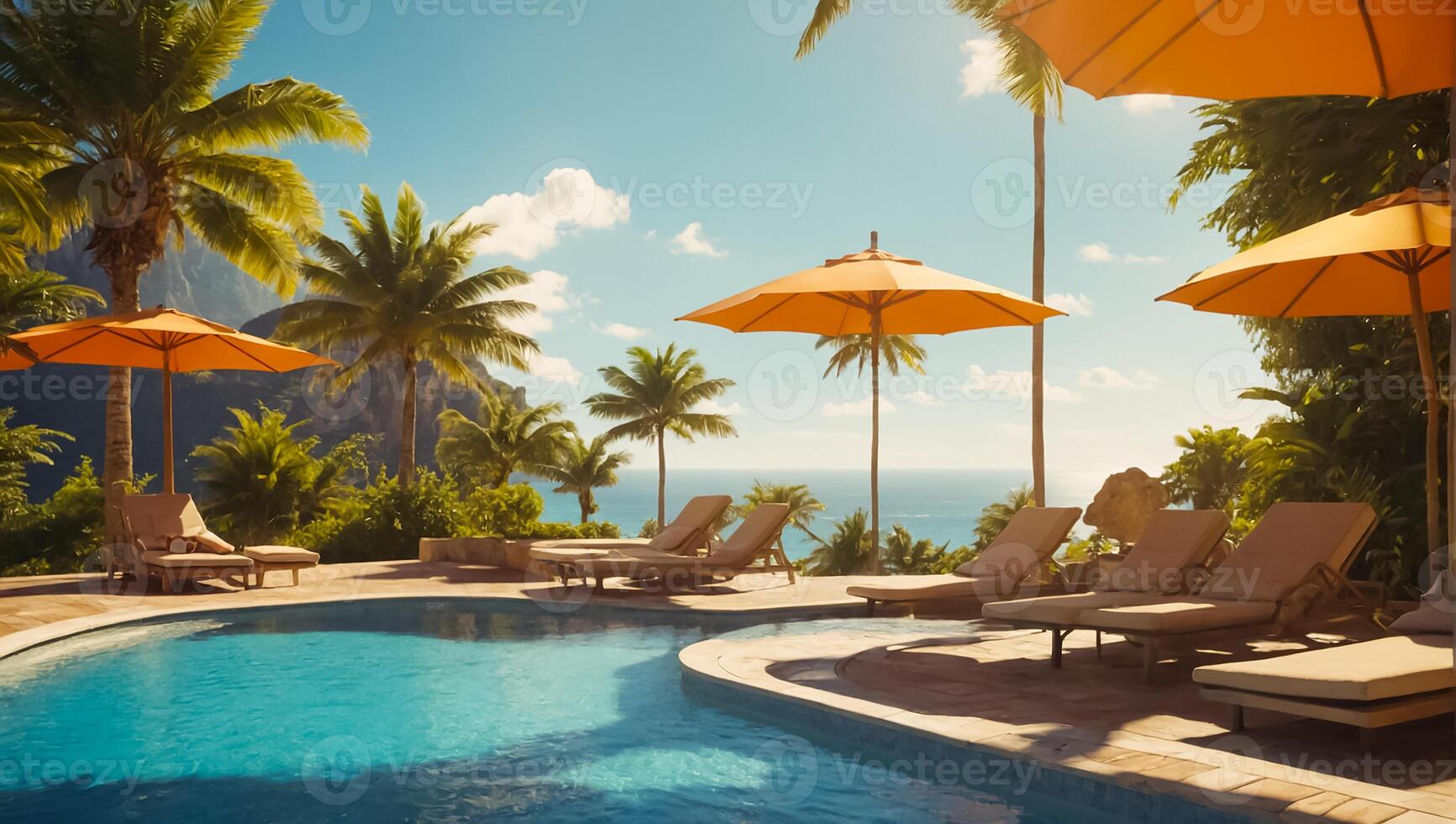 AI generated sun lounger with umbrella by the pool, hotel photo