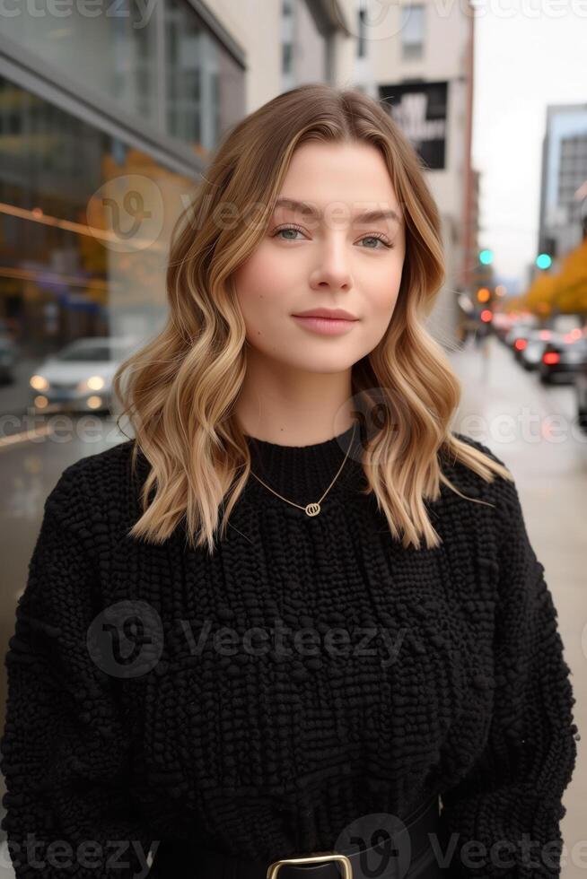 AI generated Confident young woman posing on city street photo