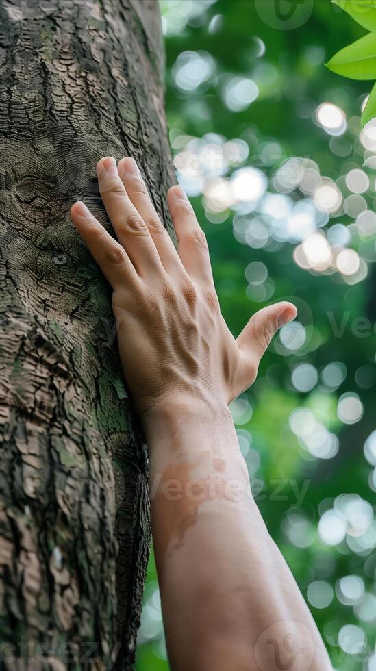 AI generated Human hand touches tree trunk in lush forest photo