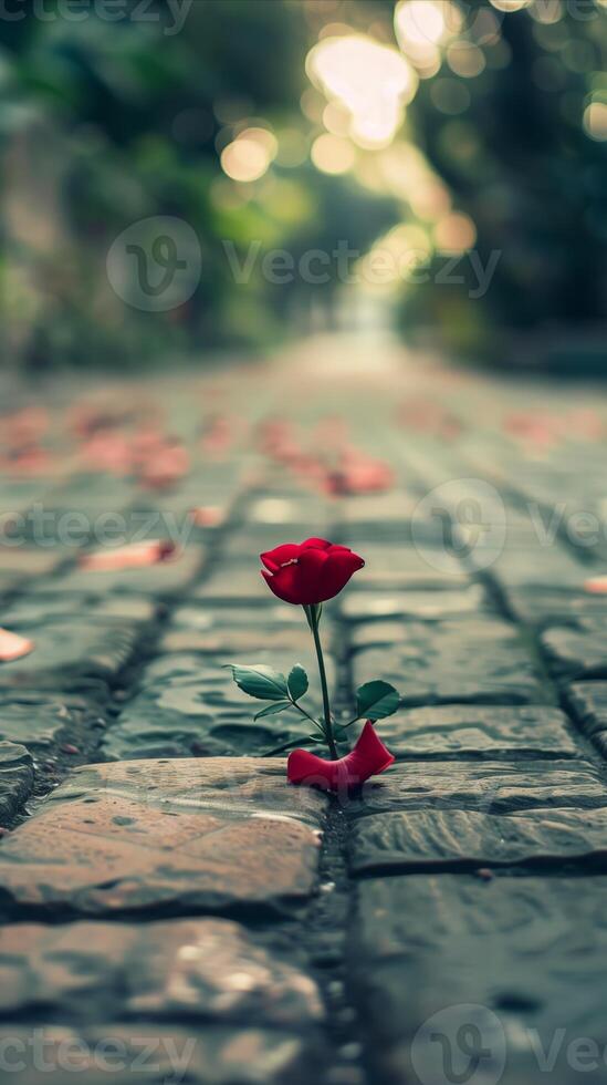 AI generated Single red rose on a cobblestone path with soft lighting photo