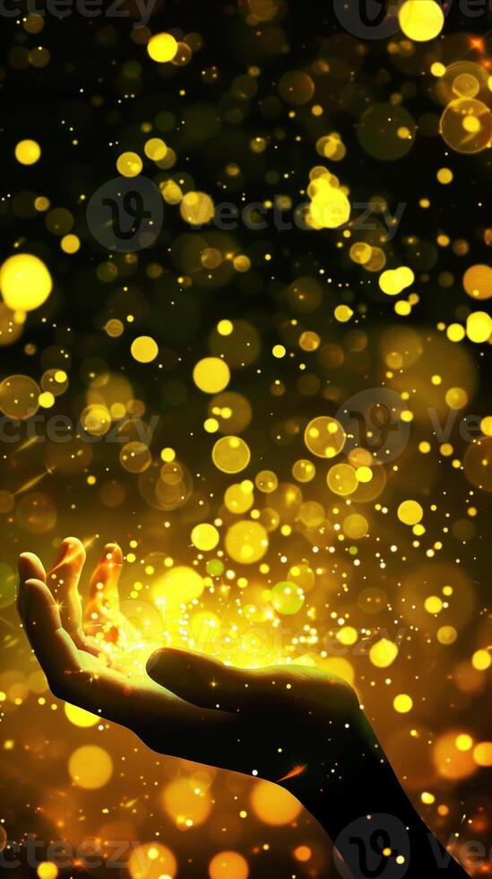 AI generated Magical golden lights floating over an open hand photo