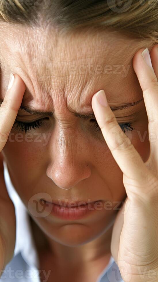 AI generated Woman experiencing headache and stress with hands on forehead photo