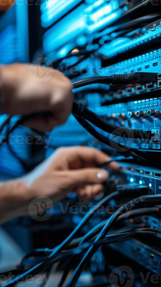 AI generated Network server room with computers for digital communications and internet photo