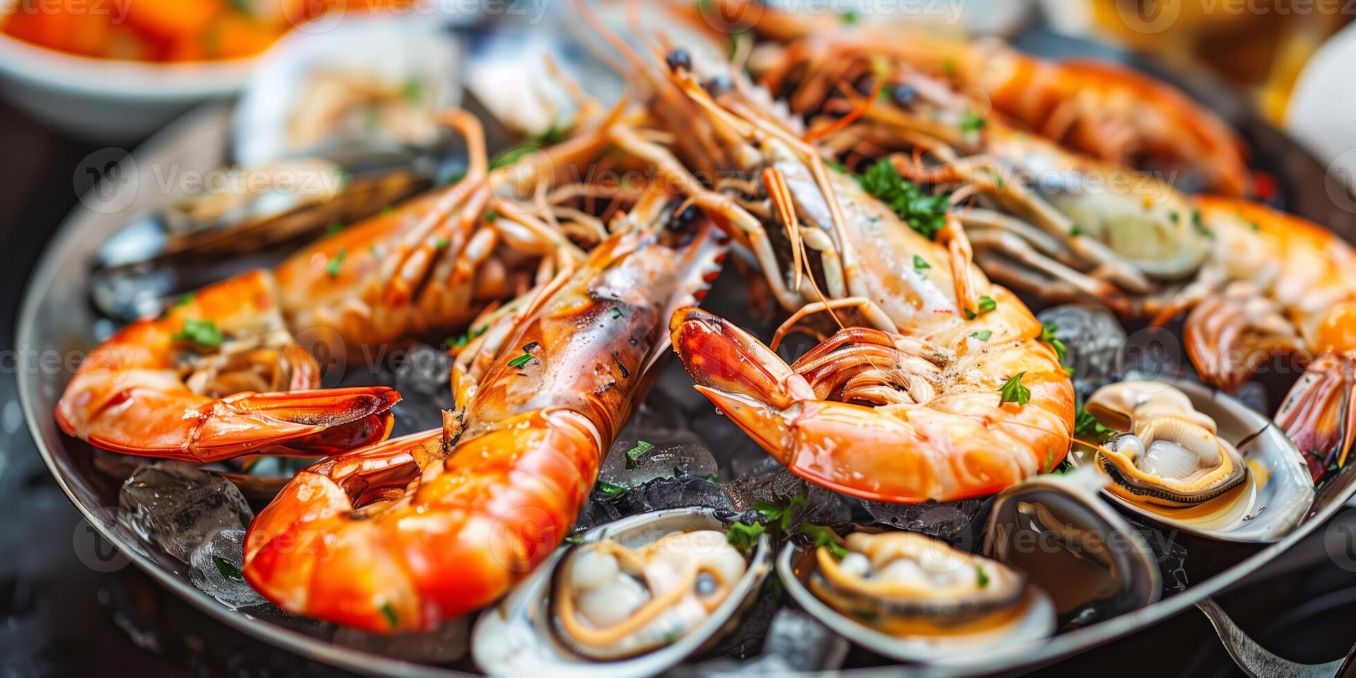 AI generated Fresh seafood platter with prawns and shellfish close-up photo