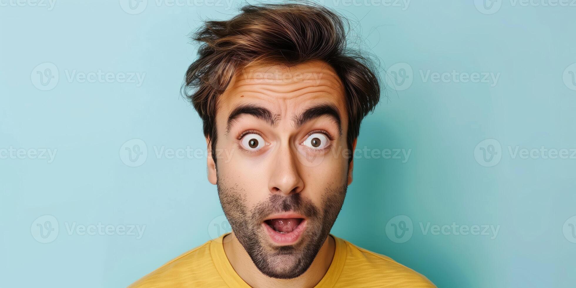 AI generated Surprised young man with wide eyes on blue background photo