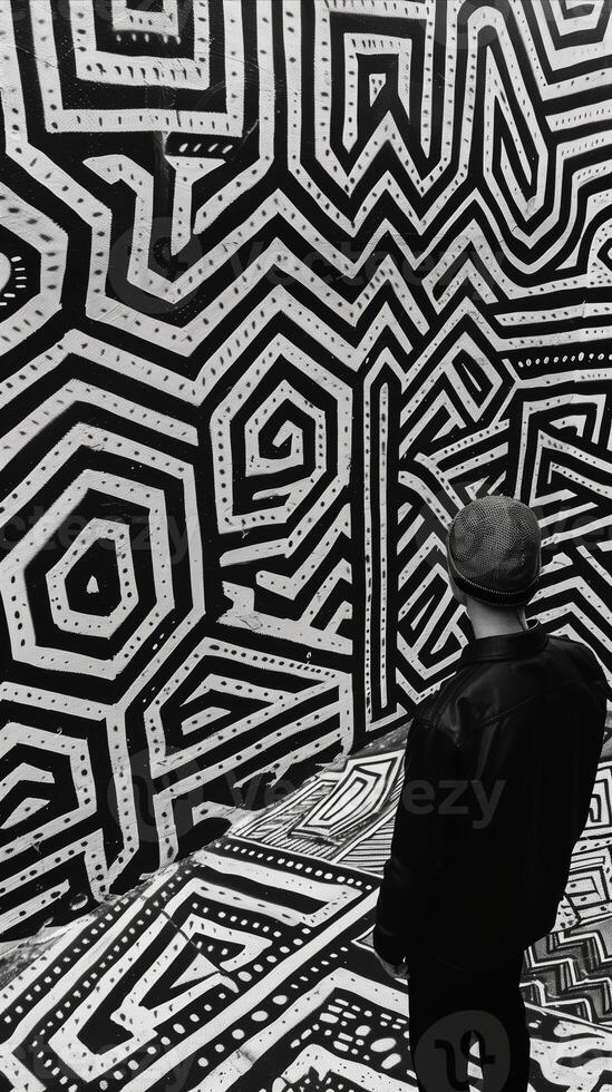 AI generated Man in front of geometric pattern wall in black and white photo