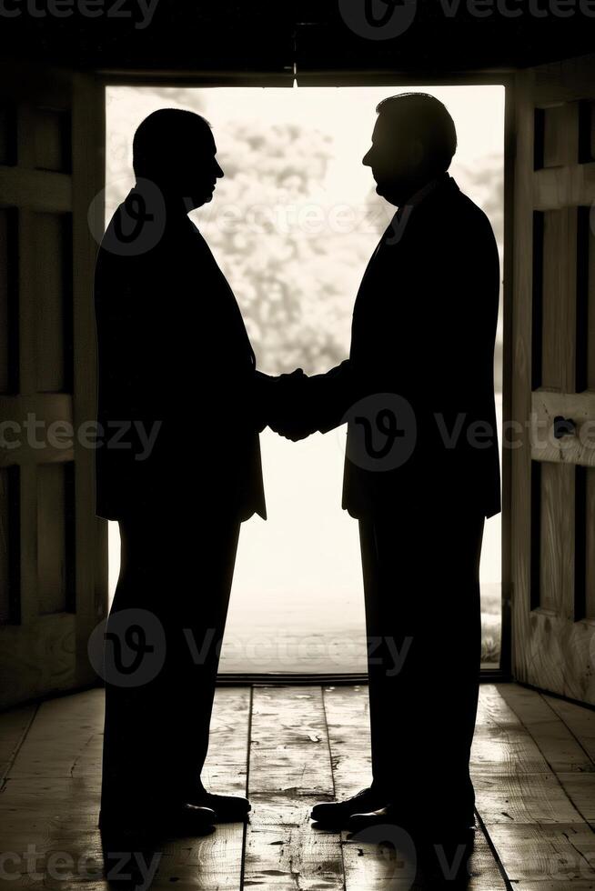 AI generated Silhouetted business partners shaking hands indoors photo