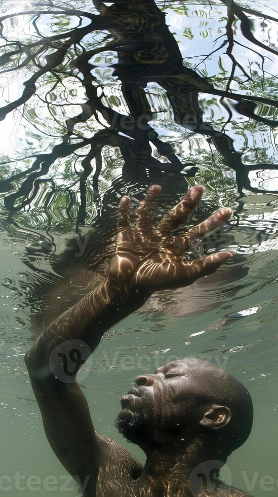 AI generated Man reaching for surface underwater with natural light photo