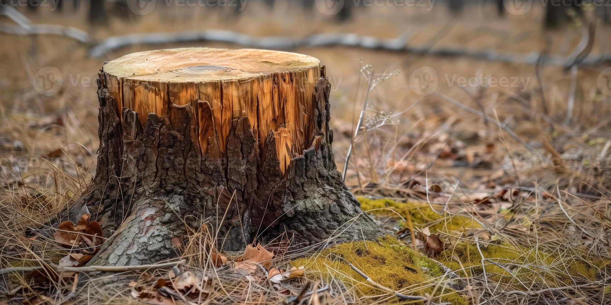AI generated Freshly cut tree stump in a tranquil forest setting photo