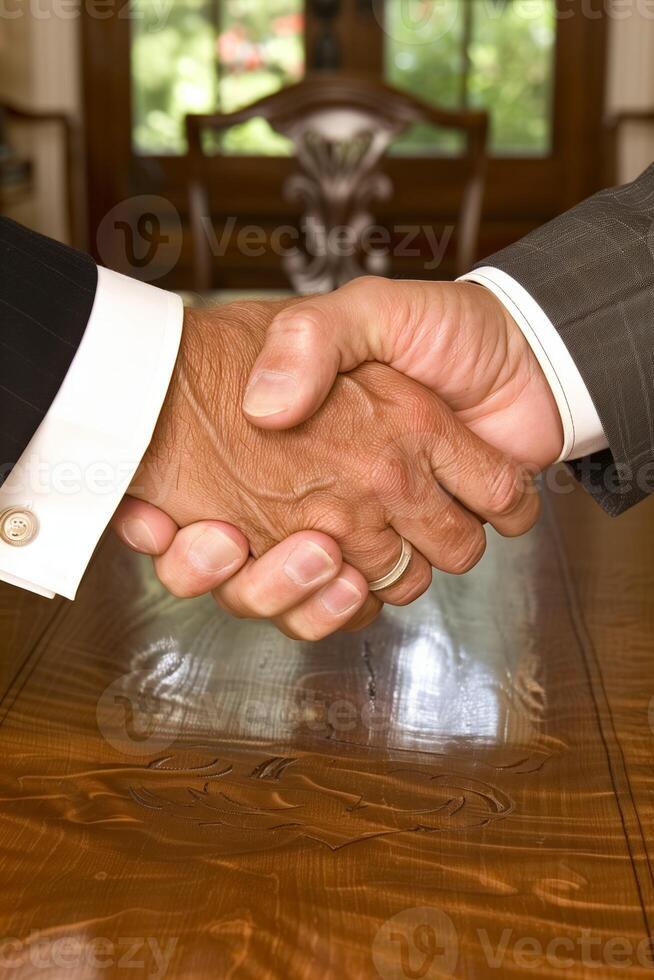 AI generated Diverse business partners handshake over wooden table photo