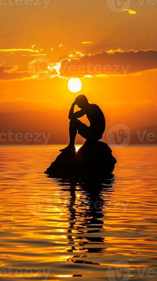AI generated Contemplative figure sitting on a rock at sunset photo