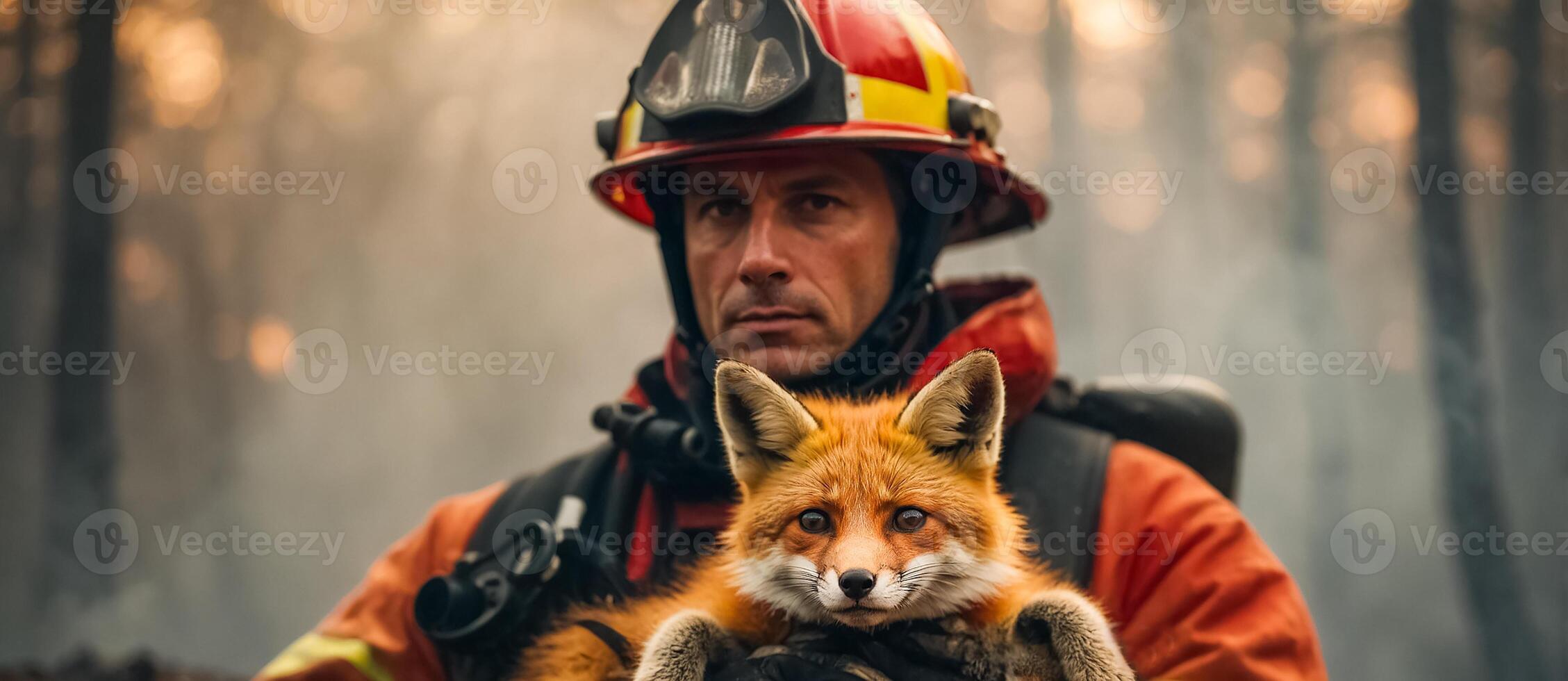 ai generado hombre bombero sostiene un rescatado zorro en su brazos fauna silvestre foto