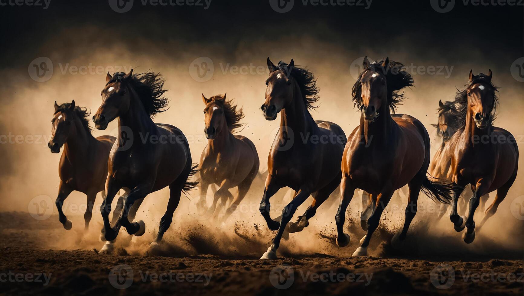 AI generated Magnificent herd of dark horses in the background photo