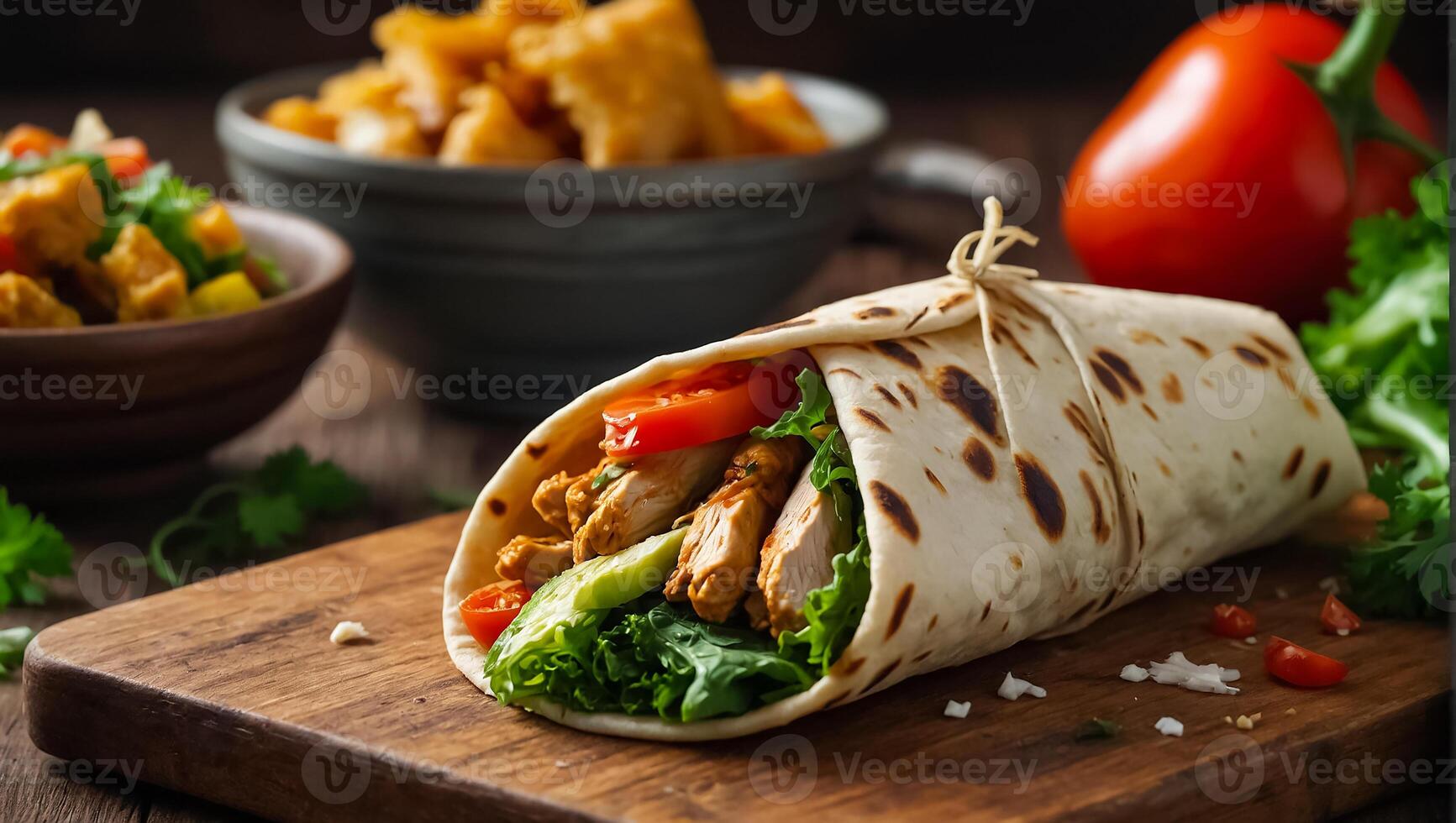 AI generated Delicious shawarma with chicken and vegetables in the kitchen photo
