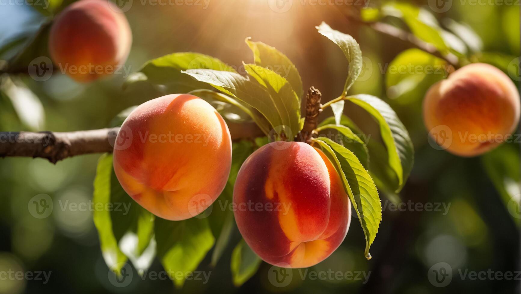 AI generated ripe peaches on a branch in the garden photo