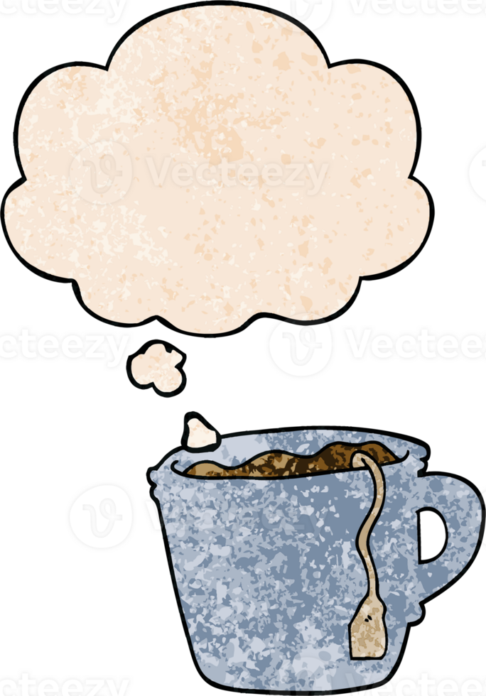 cartoon hot cup of tea with thought bubble in grunge texture style png