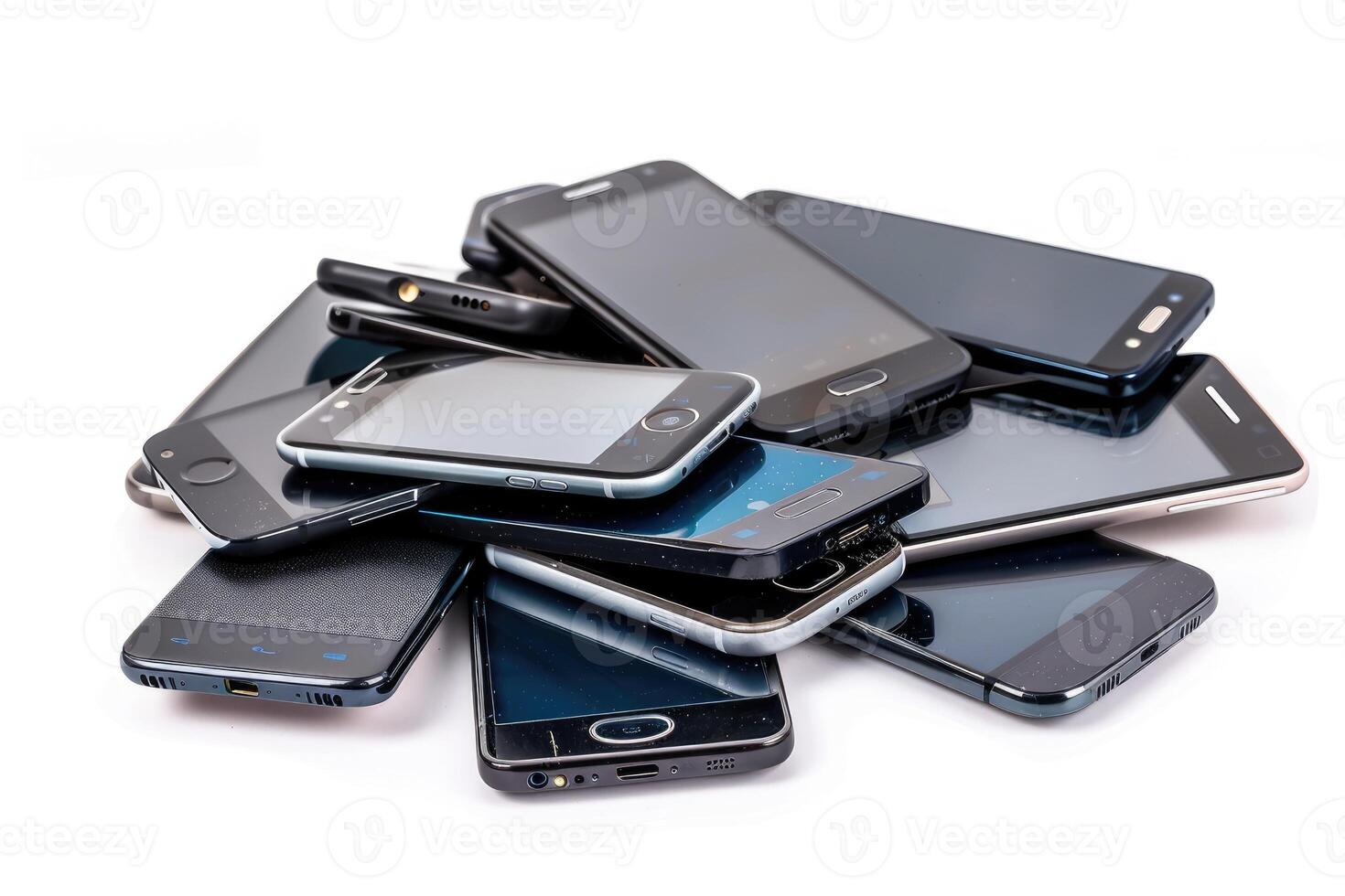 AI generated Pile of old mobile phone. Heap of the different smartphones isolated on white background. photo