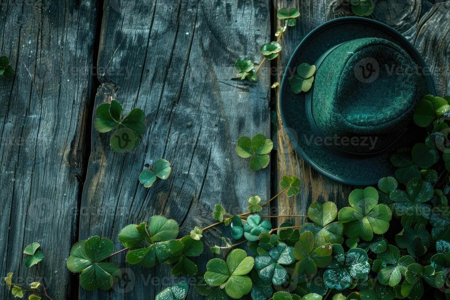 AI generated A green hat and four leaf clovers on a wooden surface photo