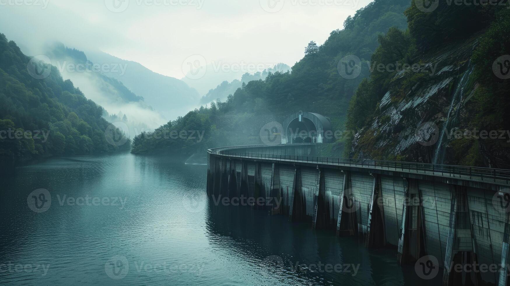 AI generated A dam with a hydroelectric power plant to the wooded countryside. Renewable energy concept photo
