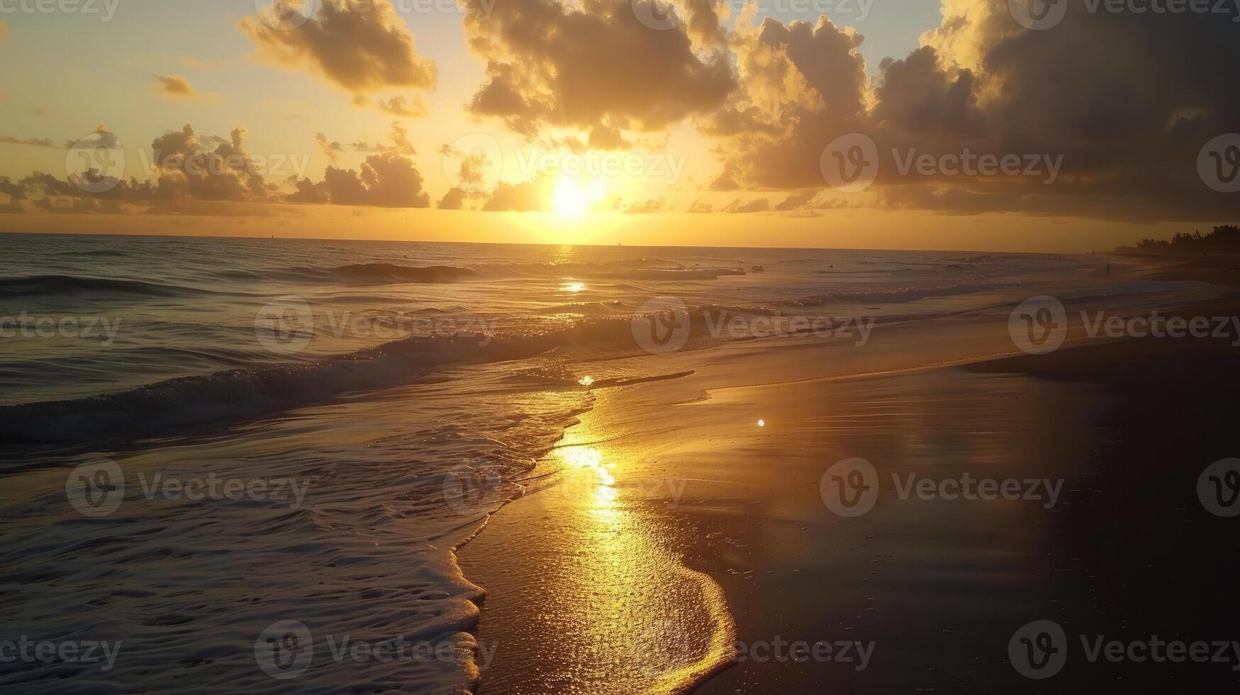 AI generated Serene beach scene with waves and clouds at sunrise photo