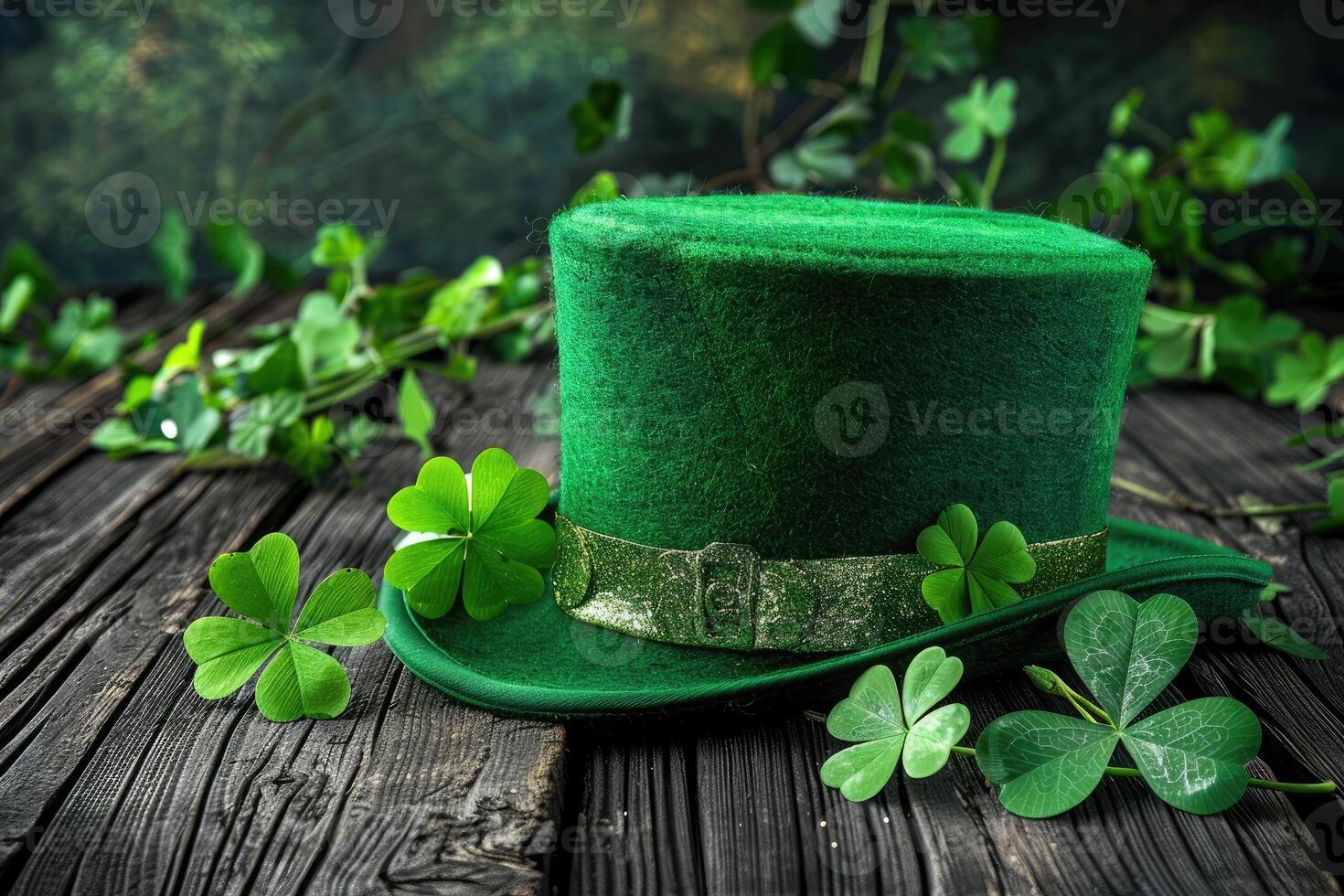 AI generated A green hat and four leaf clovers on a wooden surface photo