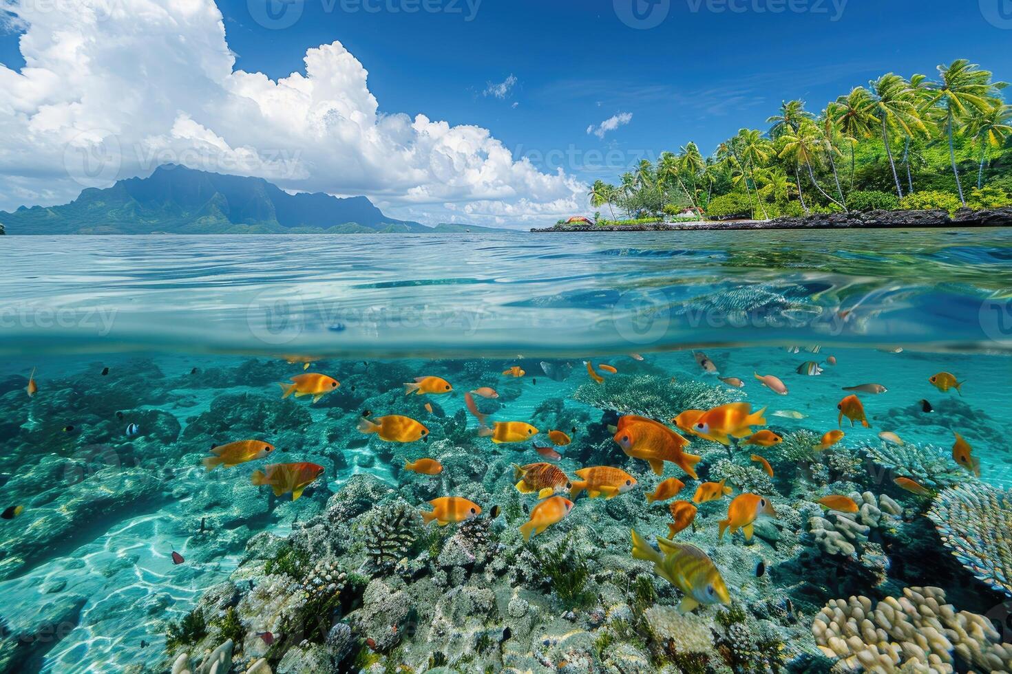 AI generated Fish on a coral reef in a tropical lagoon. French Polynesia photo