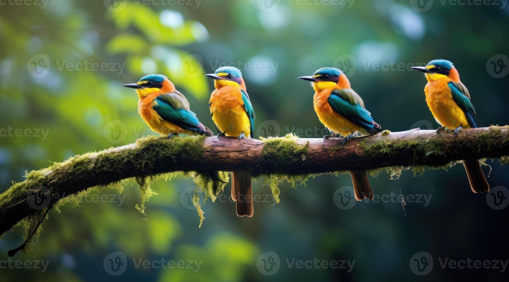 AI generated Tropical birds sitting on a tree branch in the rainforest photo