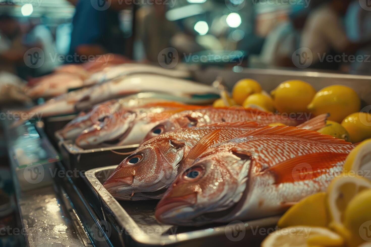 AI generated Raw fresh fish on ice at the market photo
