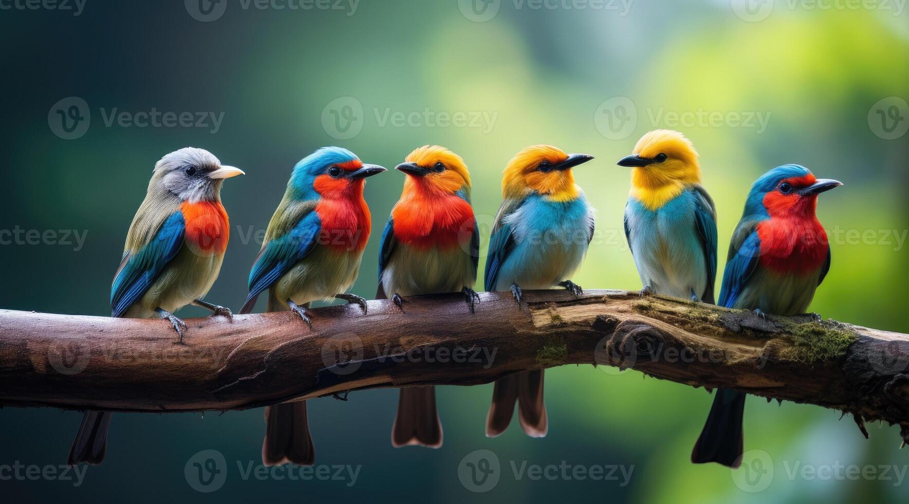 AI generated Tropical birds sitting on a tree branch in the rainforest photo