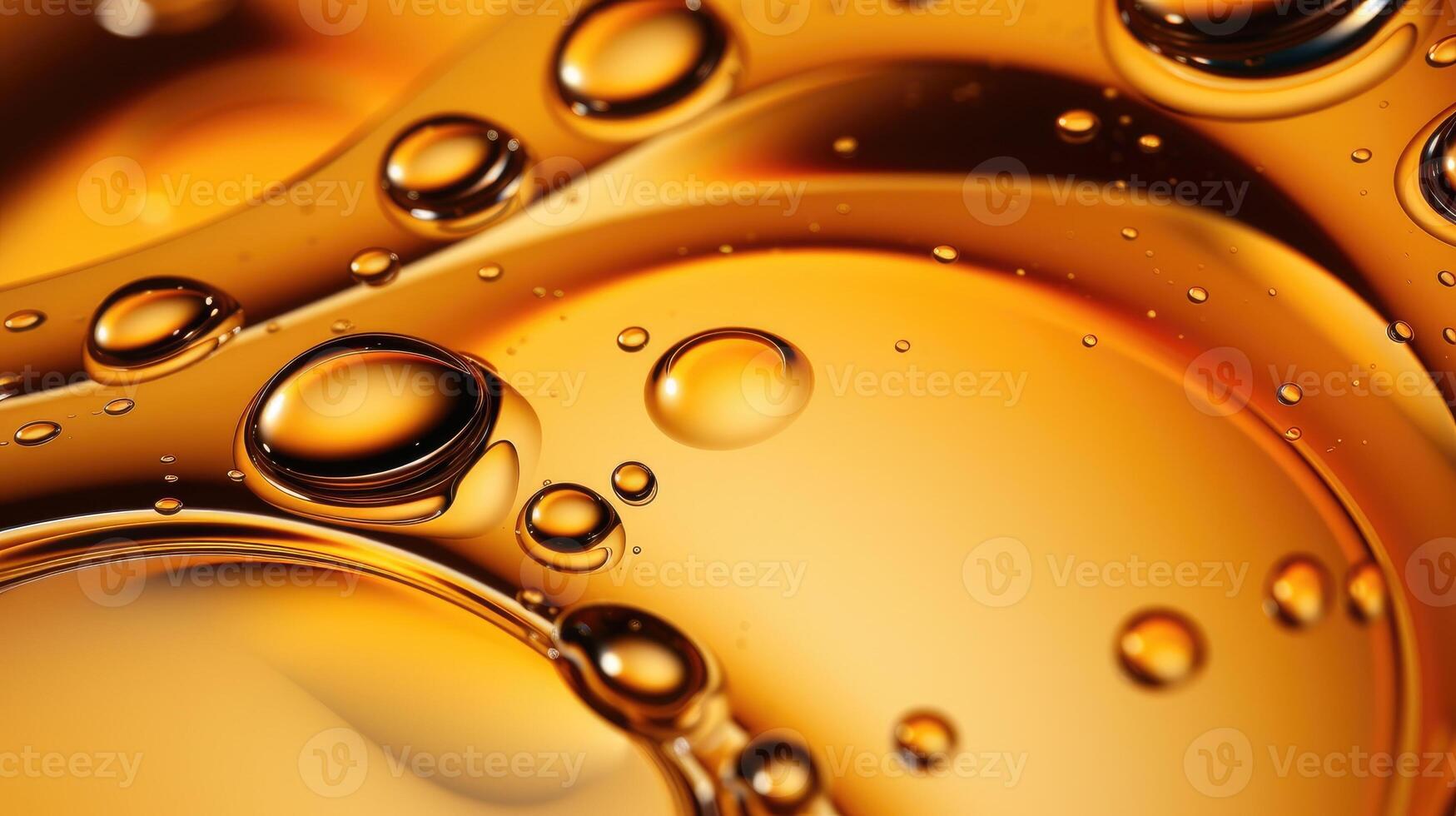 AI generated Oil bubbles background, gold liquid with golden drops. photo