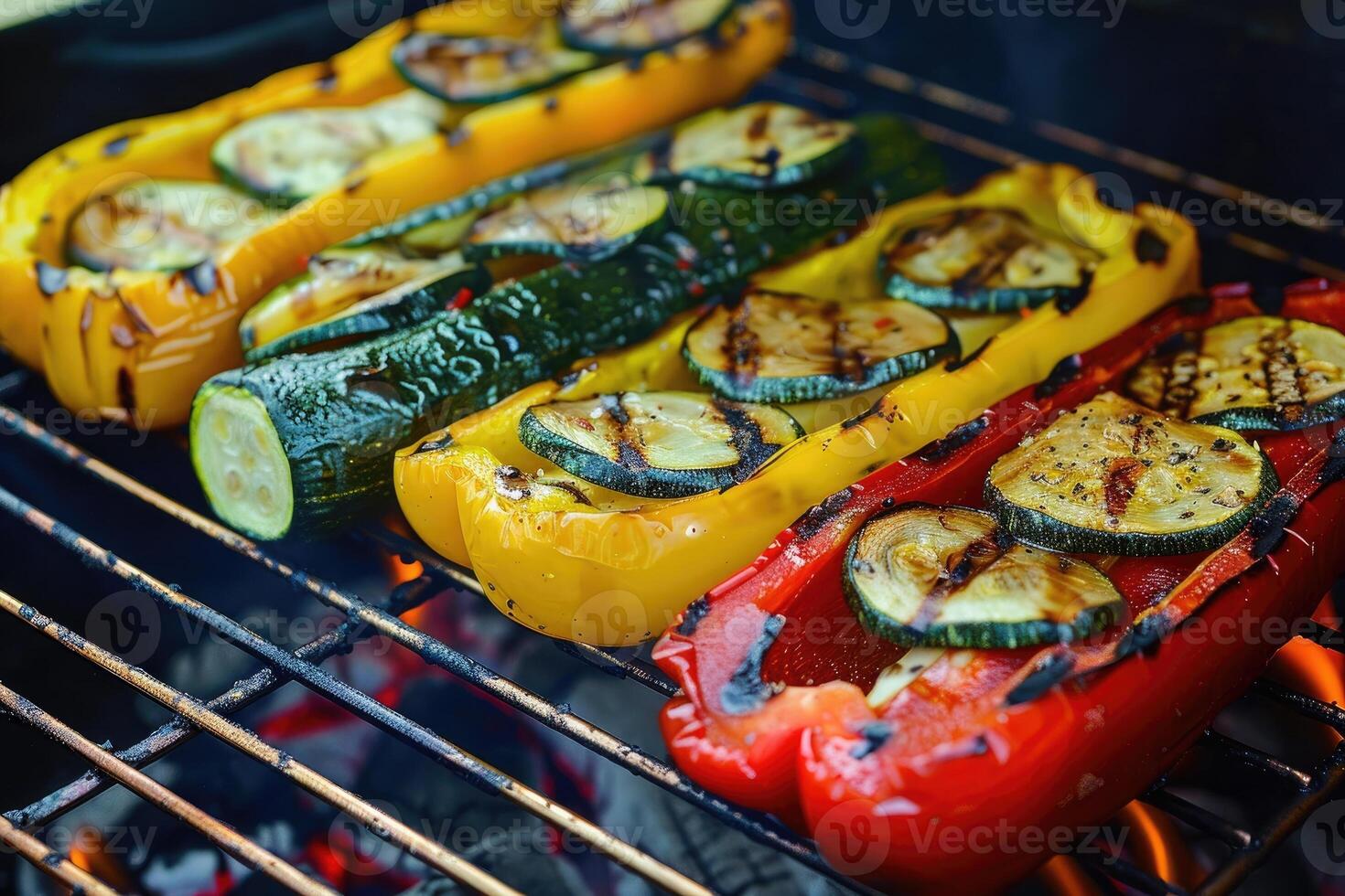 AI generated Grilled vegetables on a grill, red pepper and yellow pepper, zucchini. photo