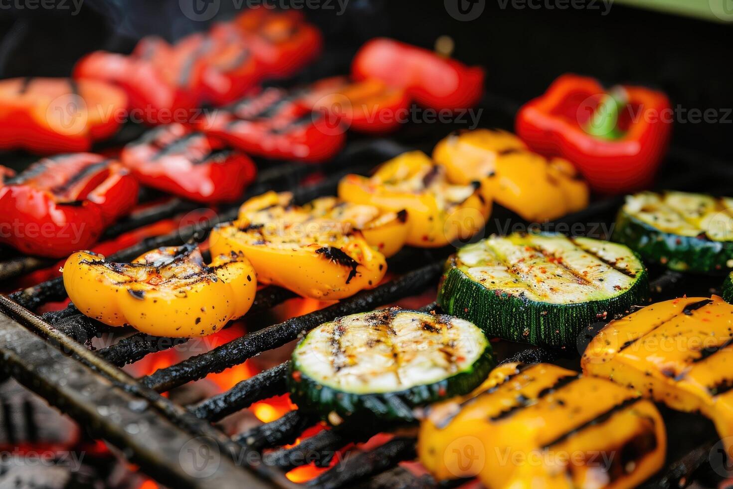 AI generated Grilled vegetables on a grill, red pepper and yellow pepper, zucchini. photo