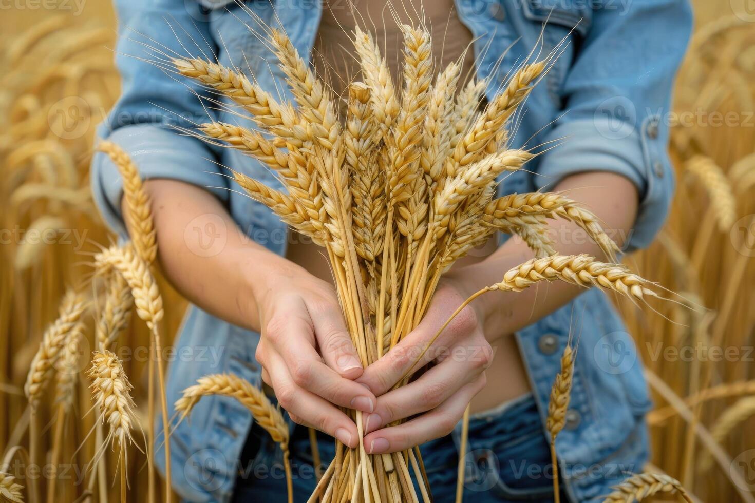 AI generated Woman holds an ear of golden wheat. Rural scene. photo