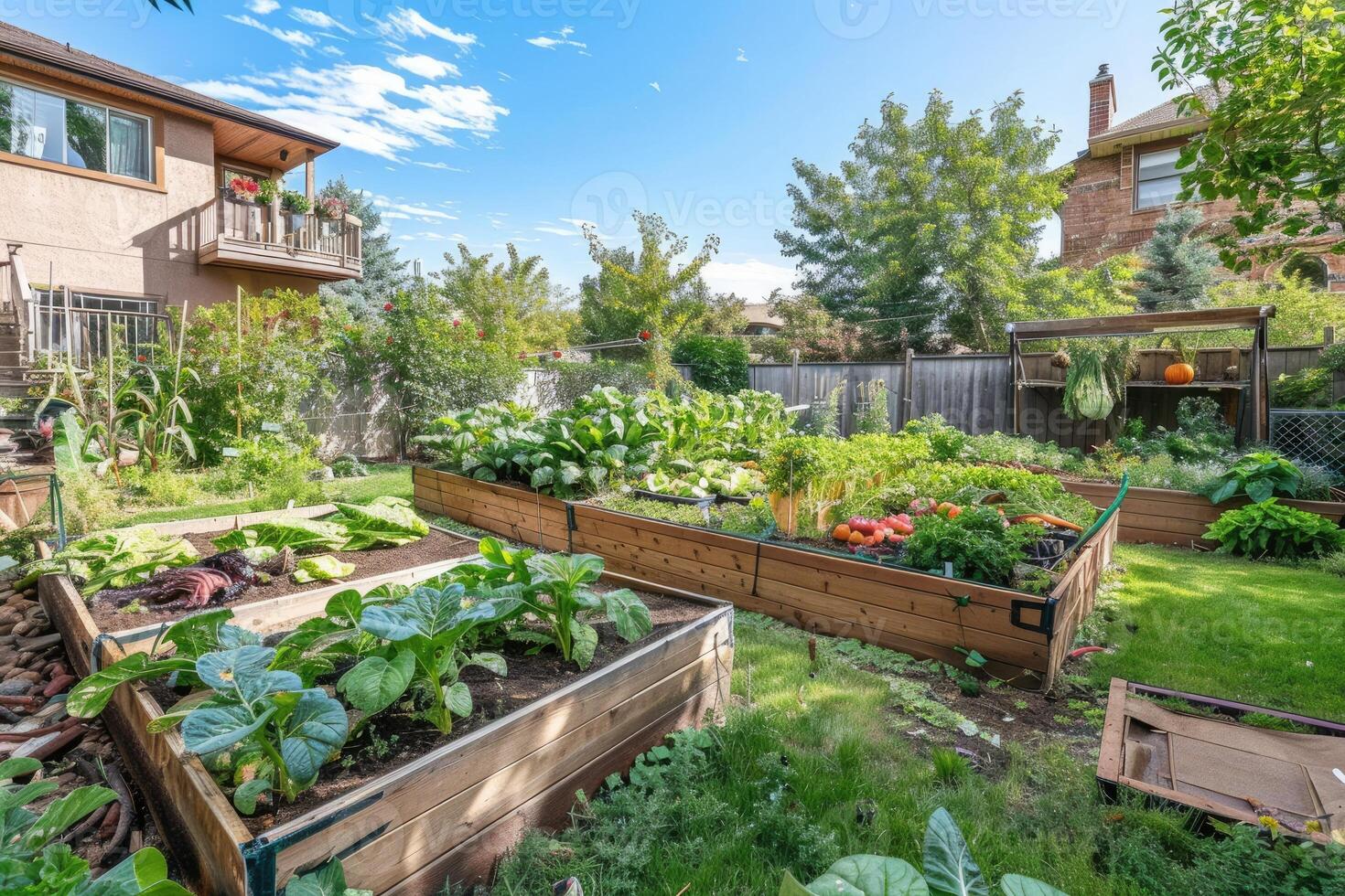 AI generated Raised garden beds filled with thriving vegetables in backyard photo