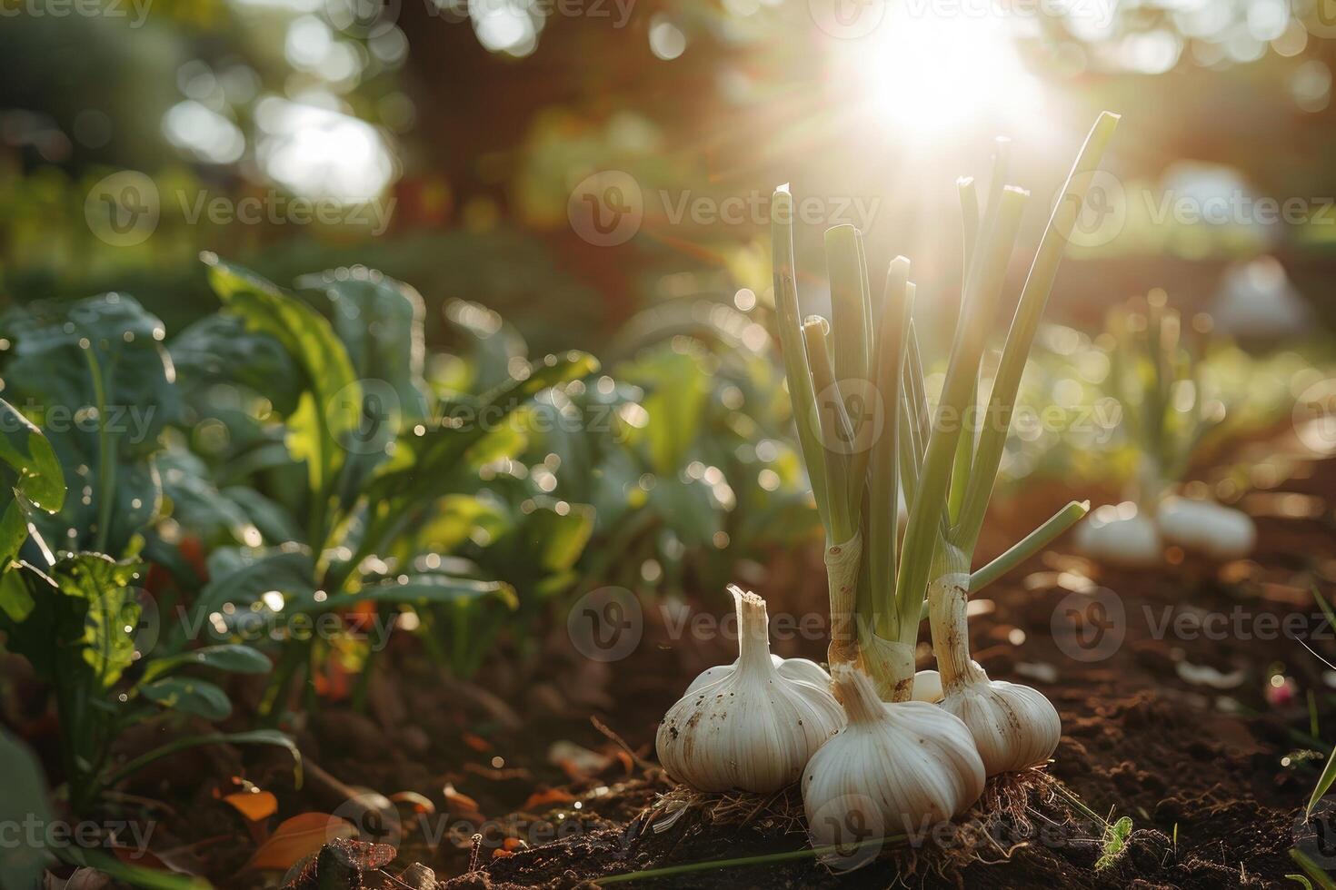 AI generated Garlic in the vegetable garden. The concept of spring or autumn gardening. photo