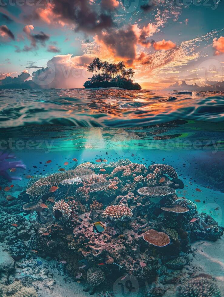 AI generated Tropical Island and coral reef. Split view with waterline photo