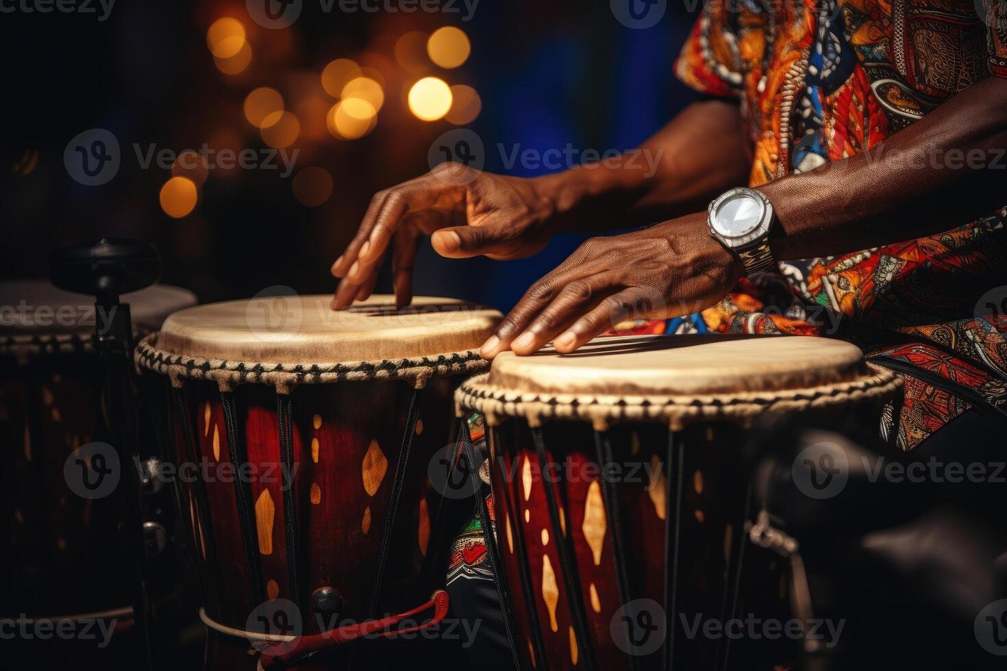 AI generated Close up of musician hand playing bongo drums. photo