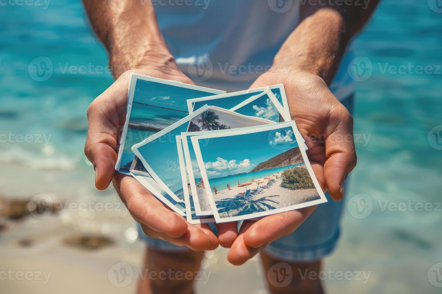 AI generated Male hands holding printed vacation photos. Memories of a holiday by the sea. photo