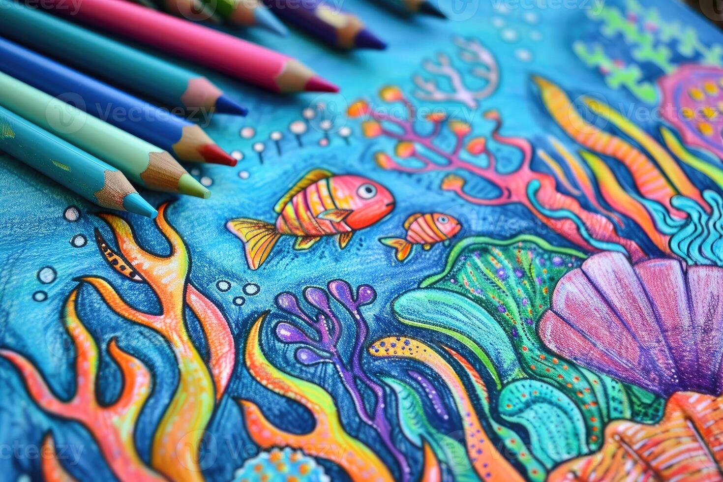 AI generated Colorful underwater scene drawn with colored pencils photo